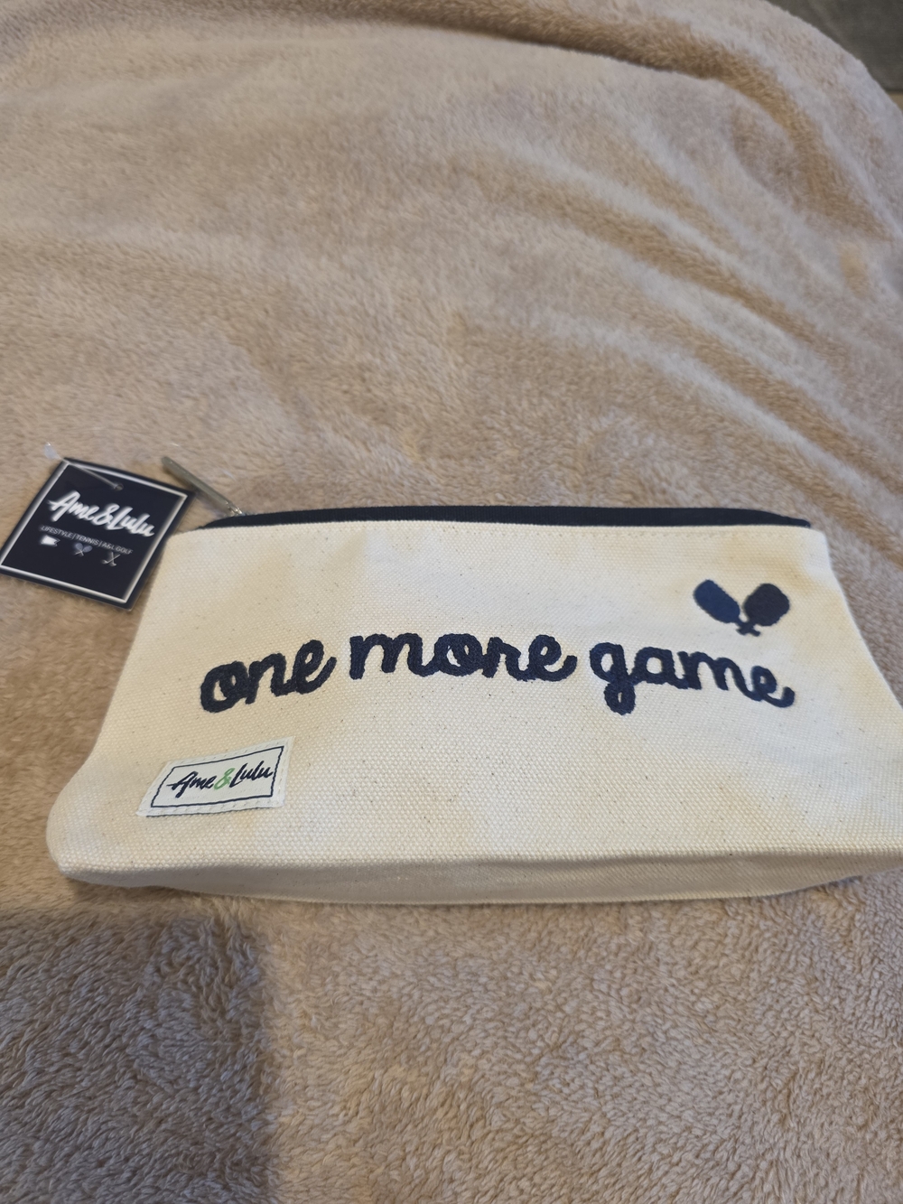 'One More Game' Cream Canvas Cosmetic Pouch with Navy Trim